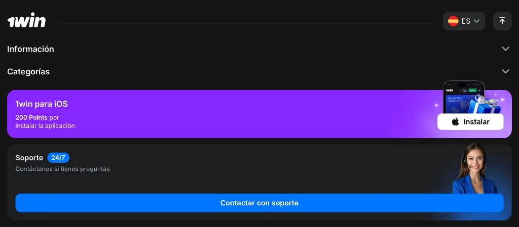 Banner 1win para iOS: 200 Points por instalar la aplicación, botón Instalar de Apple y soporte 24/7