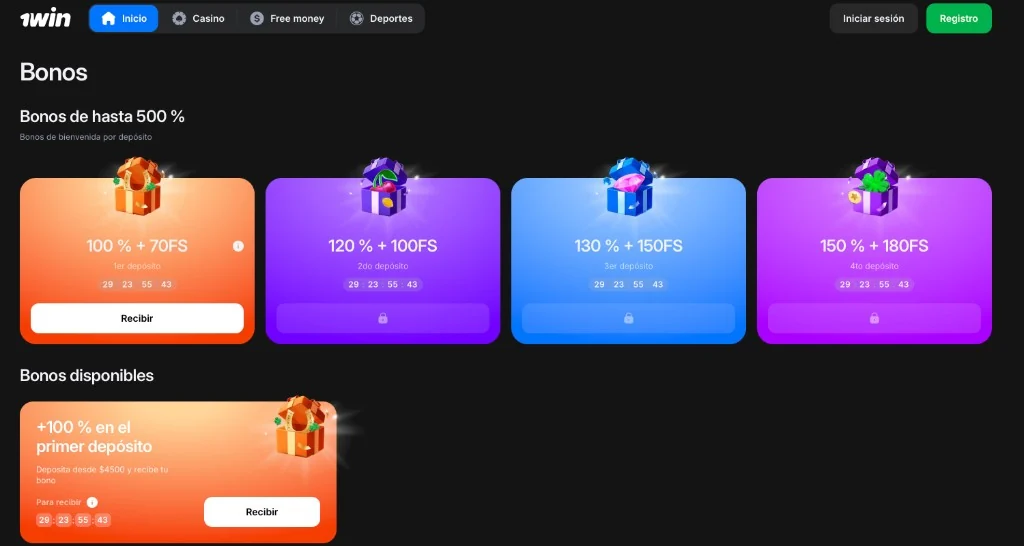 Página de bonos de 1win: Bonos de hasta 500%, primer depósito 100% más 70 giros, y paquetes en los depósitos 2 a 4. Depósito desde 4500