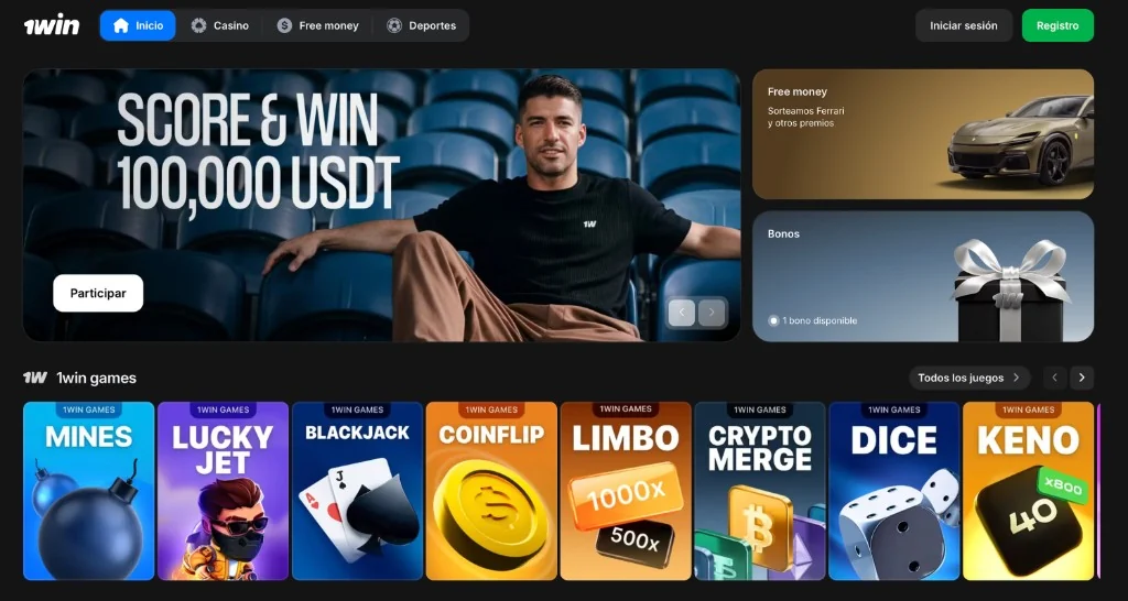Lobby de 1win Argentina: Casino, SCORE & WIN, Free money y fila de 1win Games con Mines, Lucky Jet, Blackjack y más