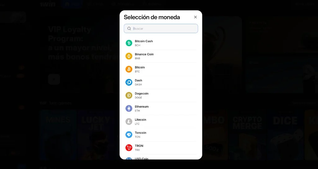 Ventana de selección de moneda en 1win: Bitcoin Cash, BNB, Bitcoin, Ethereum, TON, TRON y más criptomonedas