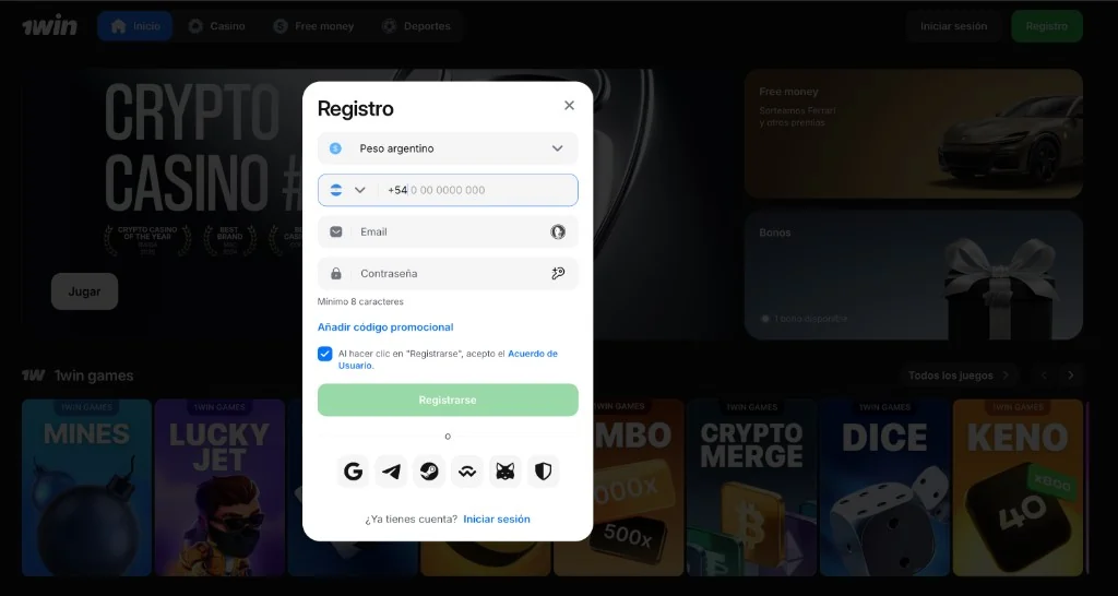 Formulario de registro de 1win: peso argentino, teléfono +54, email, contraseña, Añadir código promocional y botón Registrarse